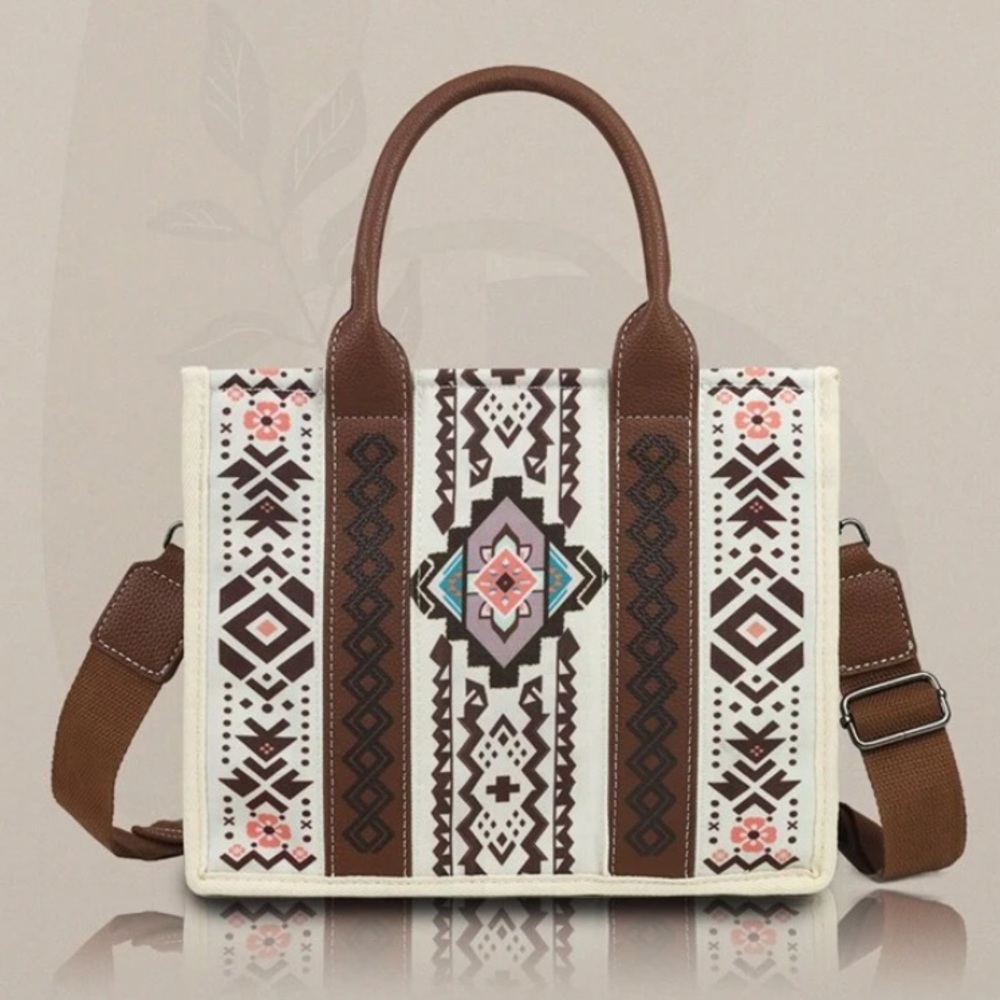 Brown and Cream Geometric Tote Bag Set - Picture 2 of 6